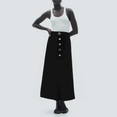 Black casual long skirt with buttons and front slit