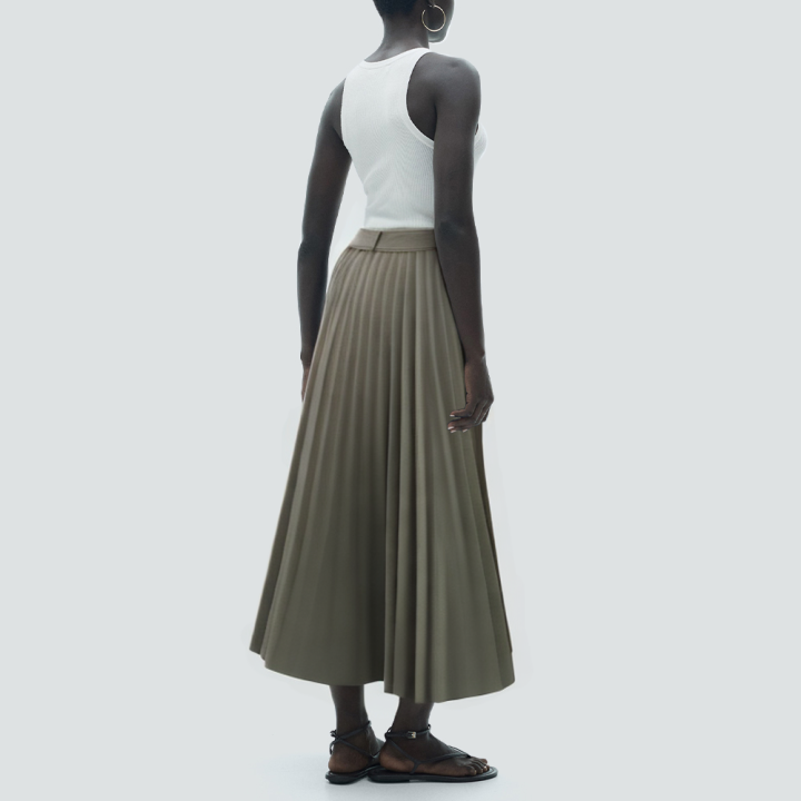 Green fashionable belt zipper long skirt