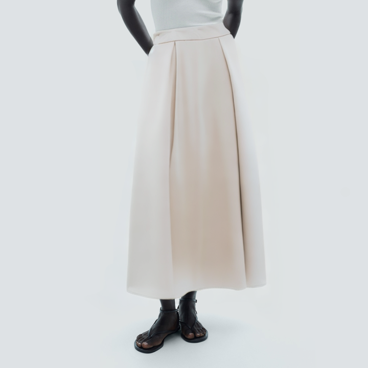 Solid color pleated silky casual long skirt