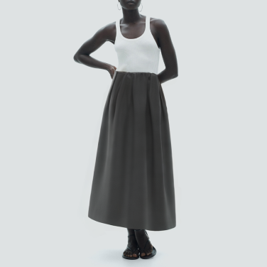 Gray pleated elastic waist long skirt