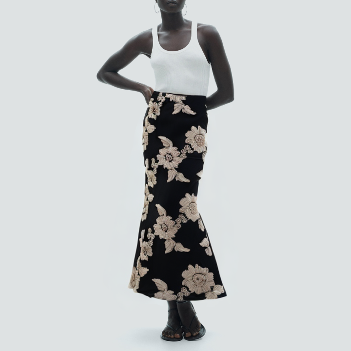 Black floral embroidered long slim fit skirt
