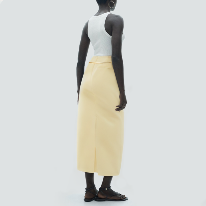 Yellow back slit waistband slim long skirt