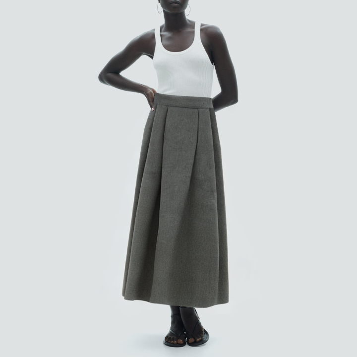 Grey A-line mid-waist pleated casual long skirt
