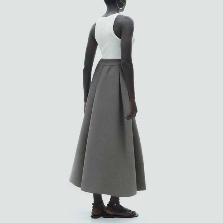 Grey A-line mid-waist pleated casual long skirt
