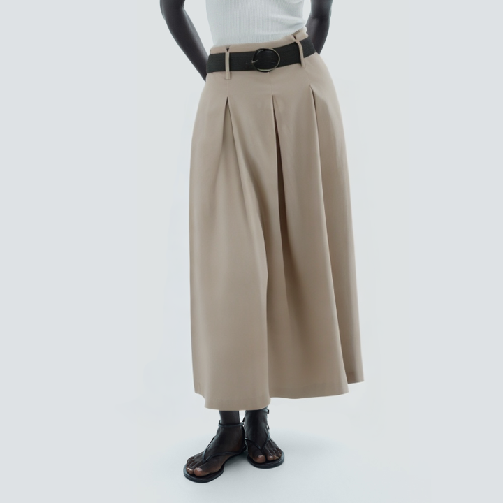 Khaki belted pleated long casual skirt