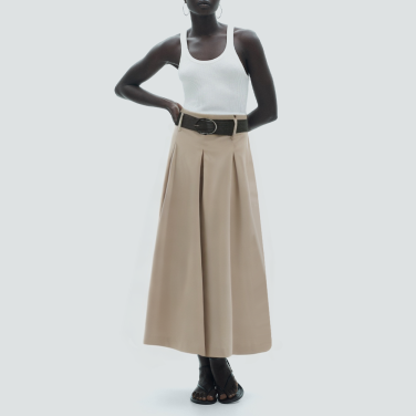 Khaki belted pleated long casual skirt