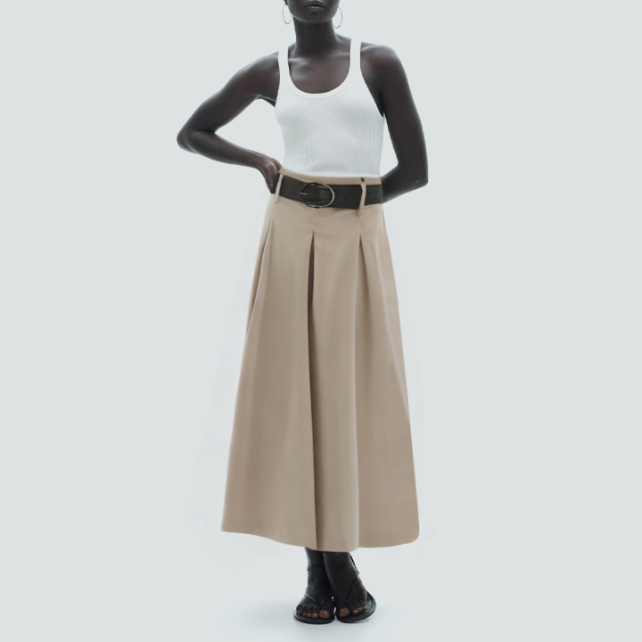 Khaki belted pleated long casual skirt