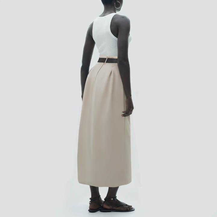 Khaki belted pleated long casual skirt