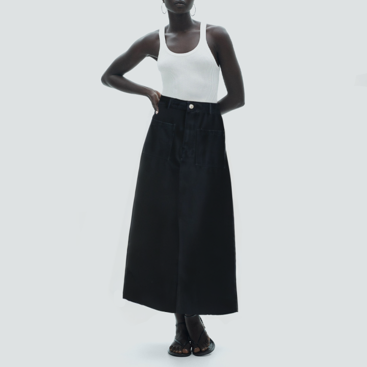 Black front pocket women's long denim skirt