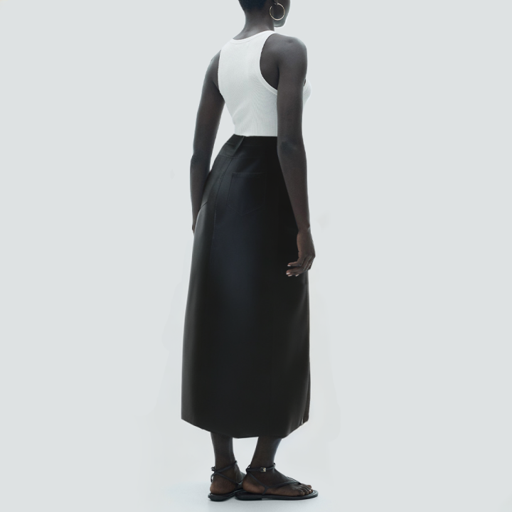 Black front pocket women's long denim skirt
