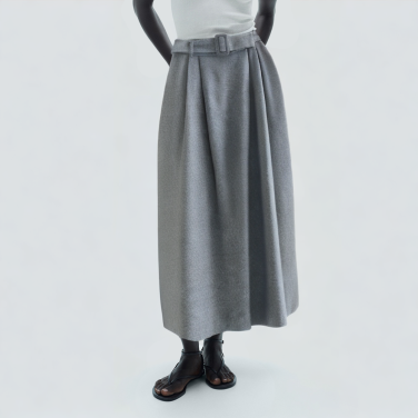 Gray belted pleated casual women's long skirt