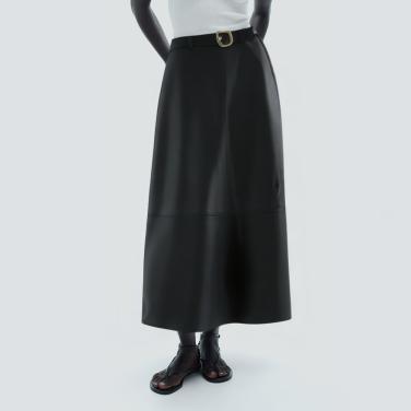 Black fashionable leather long skirt with belt