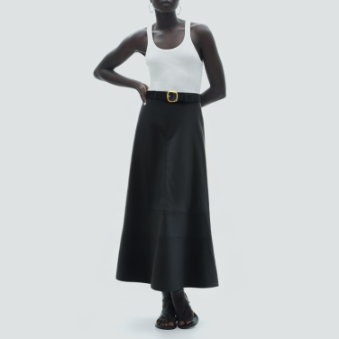 Black fashionable leather long skirt with belt