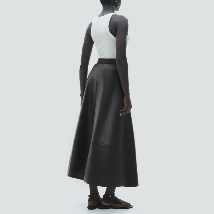 Black fashionable leather long skirt with belt