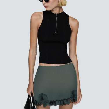 Striped print front slit lace women's short skirt