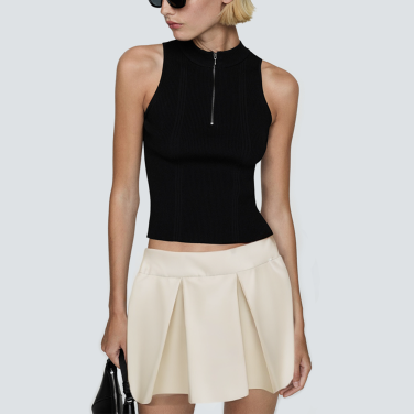 Beige zipper pleated women's short skirt
