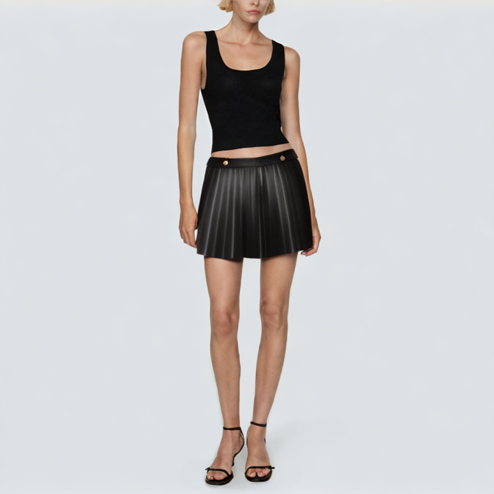 Black back zip women's short leather skirt