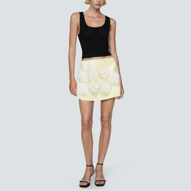 Yellow floral front slit women's short skirt