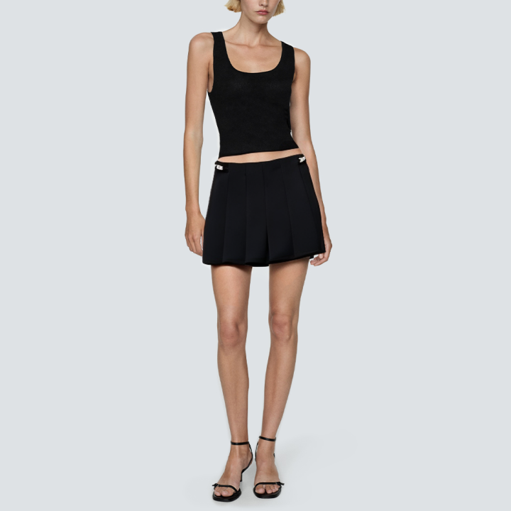 Black pleated side button women's short skirt