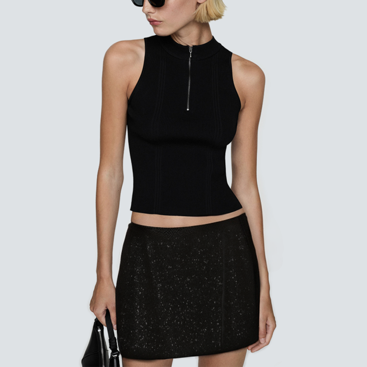 Black sequined zipper women's short skirt