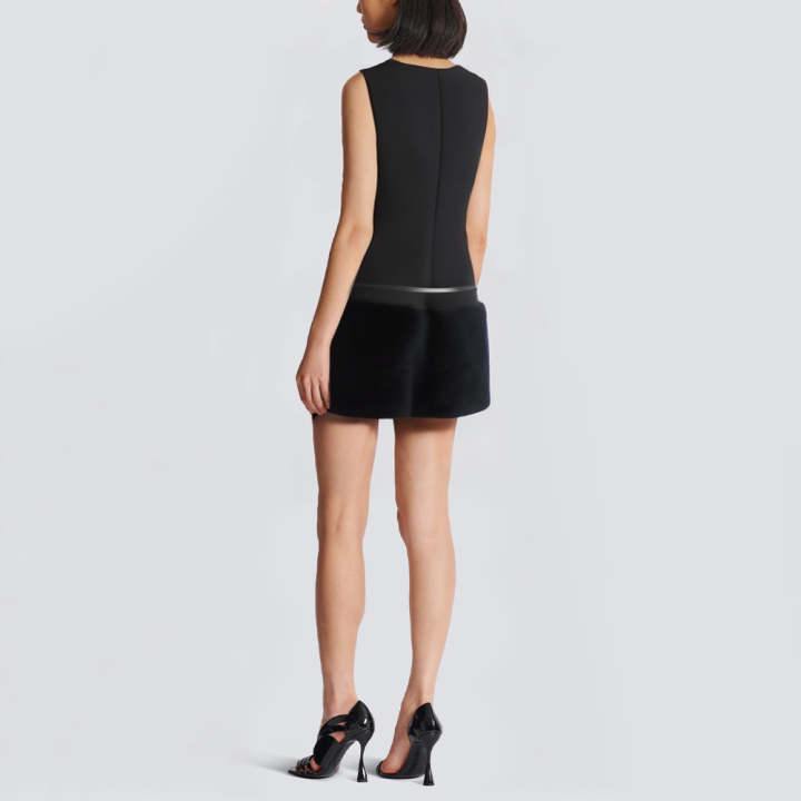 Black crew neck sleeveless belted short dress