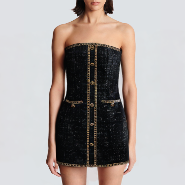 Off-the-shoulder black button casual short dress