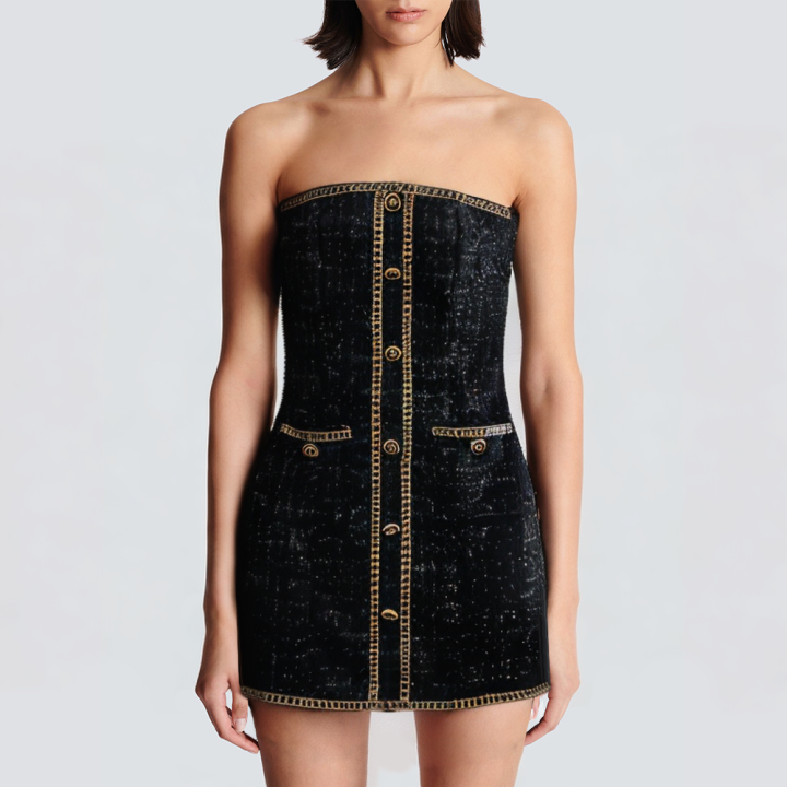 Off-the-shoulder black button casual short dress