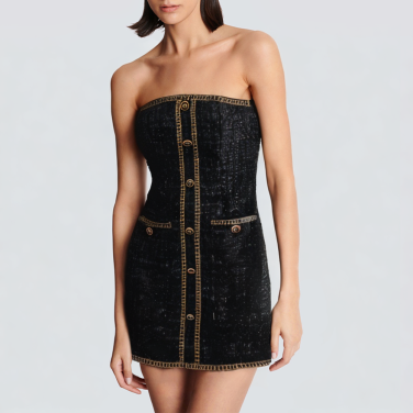 Off-the-shoulder black button casual short dress
