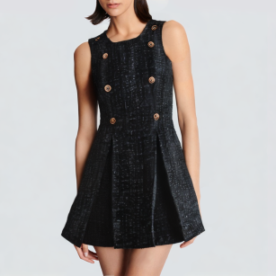 Black double breasted sleeveless front slit short dress
