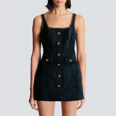 Square neck button down black sleeveless short dress