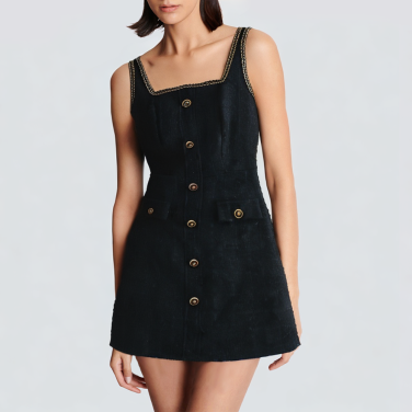Square neck button down black sleeveless short dress
