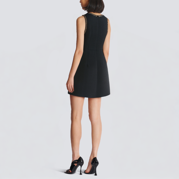 Square neck button down black sleeveless short dress