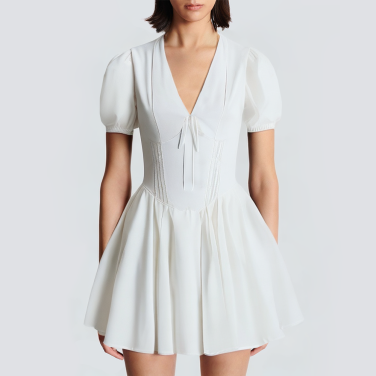 V-neck short sleeve front tie white short dress