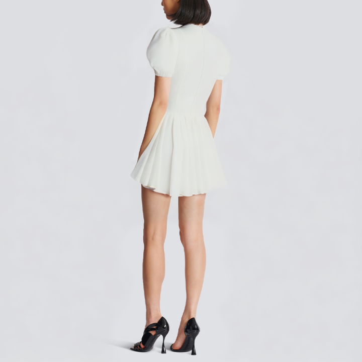 V-neck short sleeve front tie white short dress