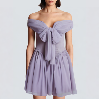 Purple front tie sleeveless slope neck short dress
