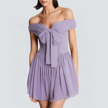 Purple front tie sleeveless slope neck short dress