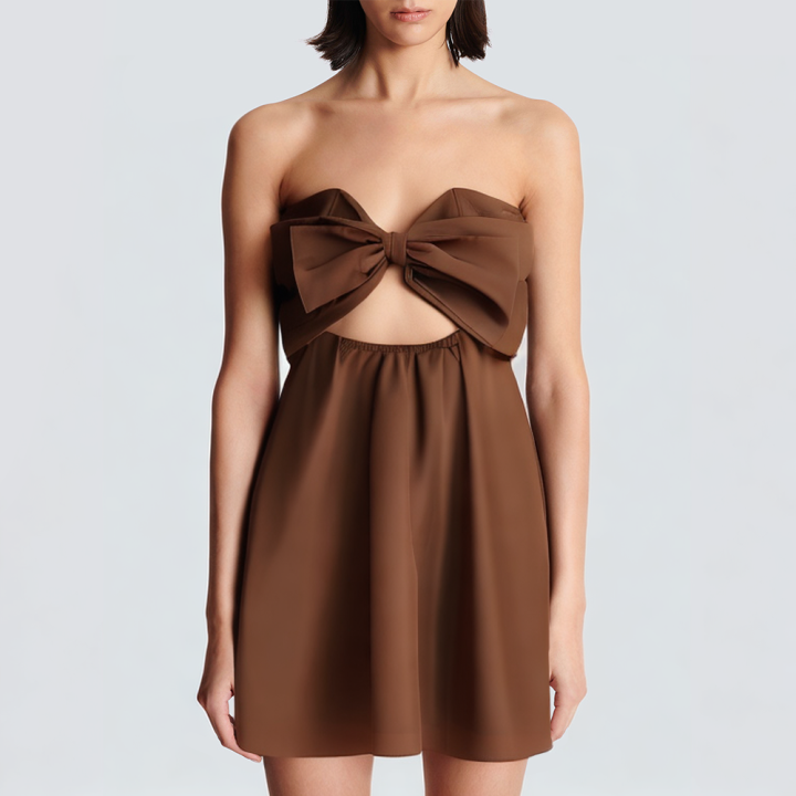 Brown off-shoulder bow tie front short dress