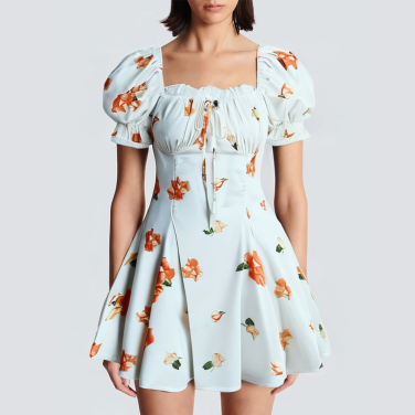 Square neck printed lace short dress