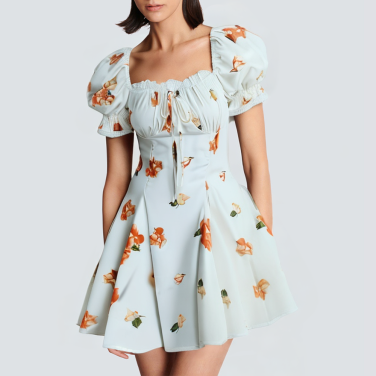 Square neck printed lace short dress