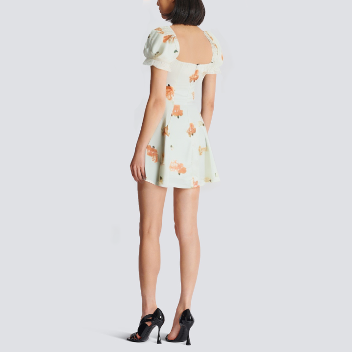 Square neck printed lace short dress