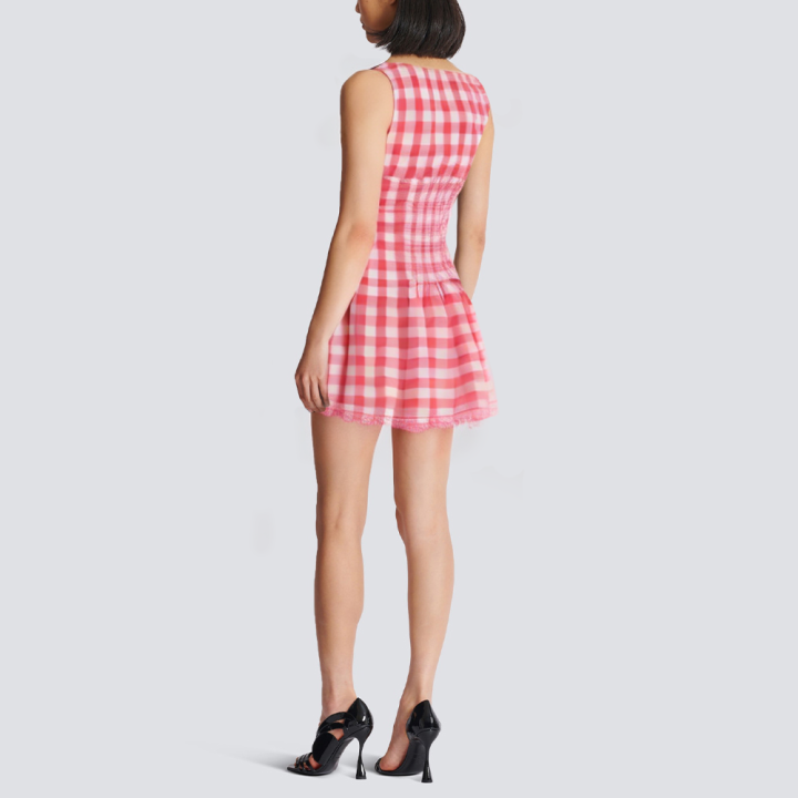 V-neck red and white plaid short dress