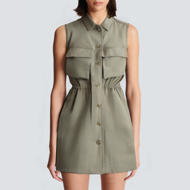 Lapel button-up sleeveless front pocket short dress