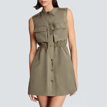 Lapel button-up sleeveless front pocket short dress