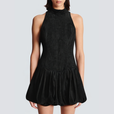 Stand-up collar sleeveless denim black short dress