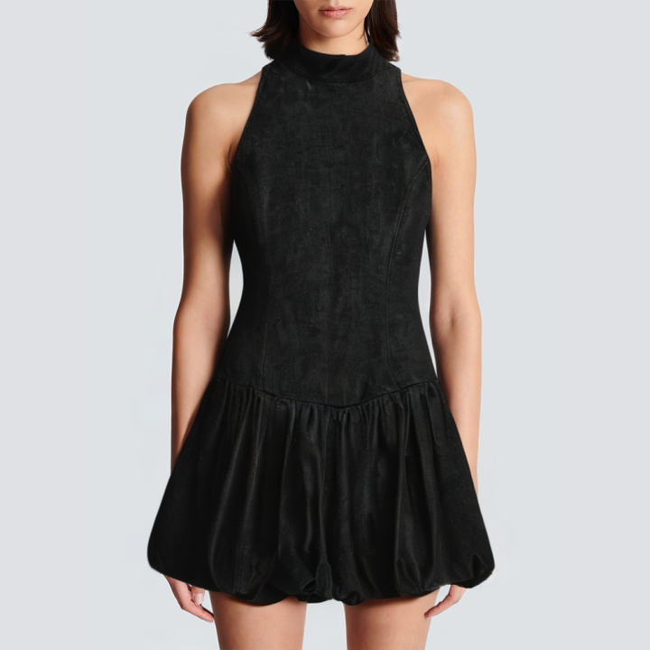 Stand-up collar sleeveless denim black short dress