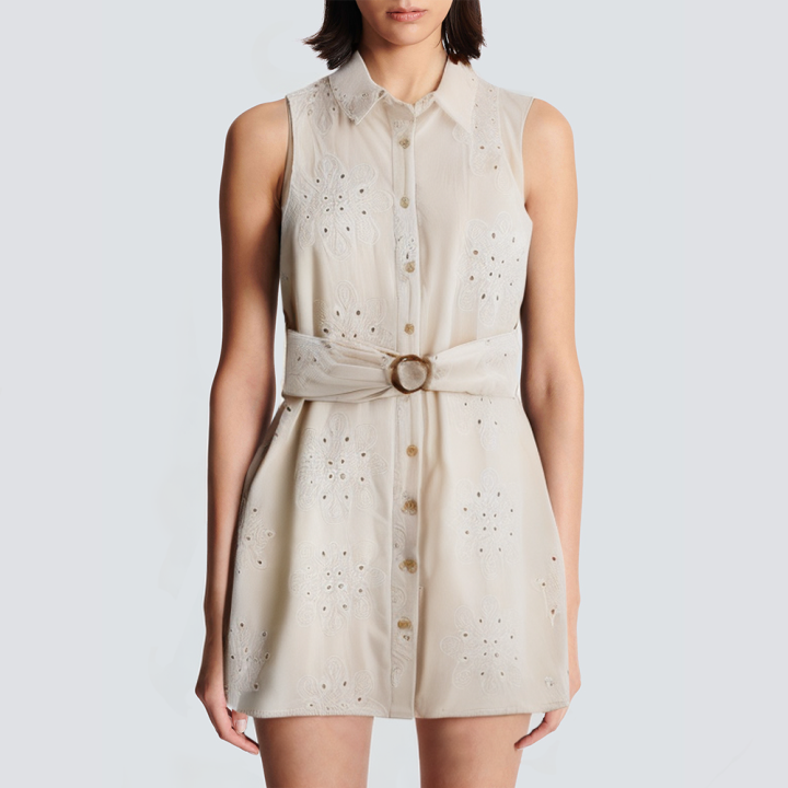 Embroidered lapel belt sleeveless short dress