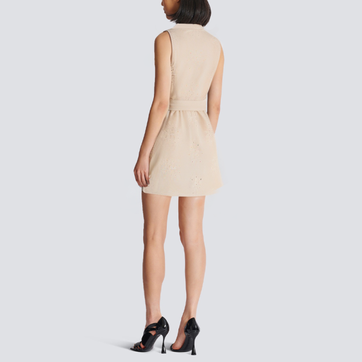 Embroidered lapel belt sleeveless short dress