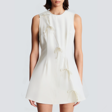 Round neck beige front lace-up short dress