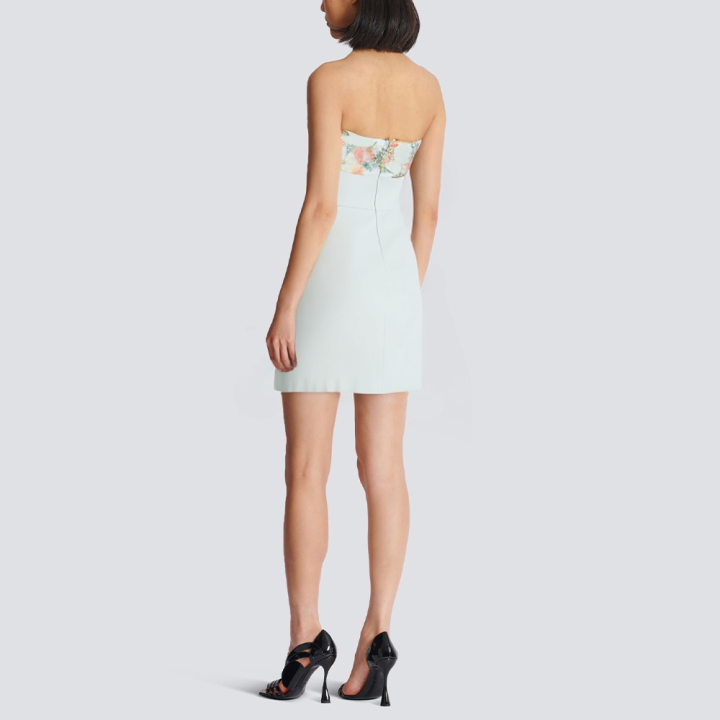 Strapless white front bow tie printed short dress