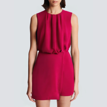 Round neck red pleated short dress